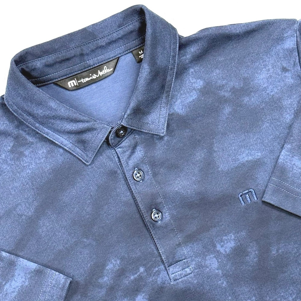 TravisMathew Polo Shirt Men's Medium Blue Abstract Print Cotton Blend Golf Peru